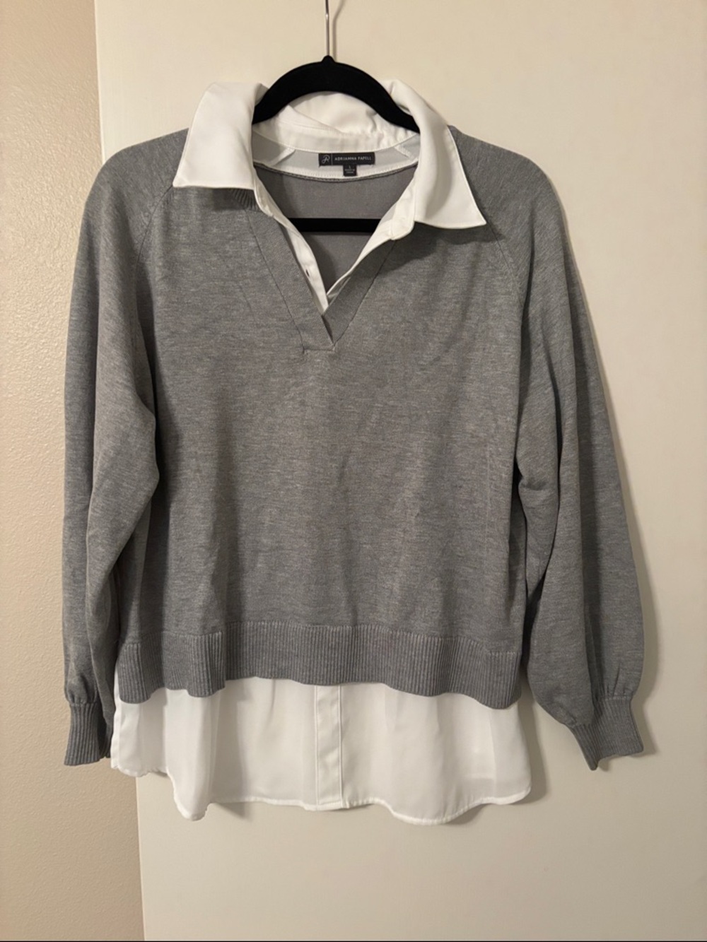Adrianna Papell Gray V-Neck Layered Sweater with White Shirt Detail